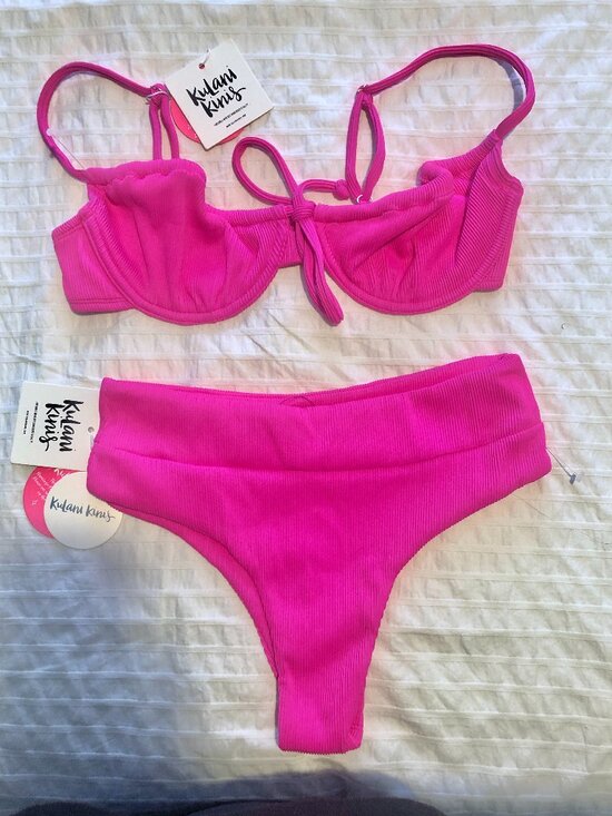 NWT Kulani Kini Flamingo hot Pink Ribbed Bikini size Large - Picture 3 of 13